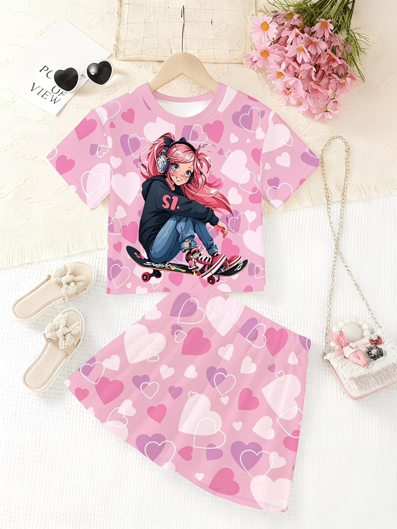 Girls' 3D Cartoon Print Skateboard Pattern Set, Casual Slim-Fitting T-Shirt and Skirt, Summer Daily Wear, Round Neck Short Sleeve