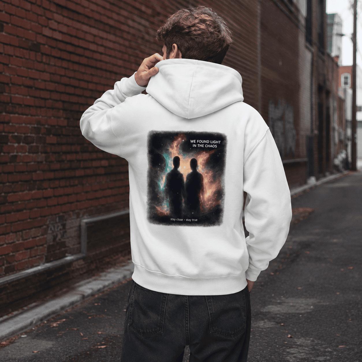 Menswear Cosmic Chaos Graphic Hoodie - Galaxy Space Art Print Pullover, Dark Aesthetic Streetwear, Inspirational Quote Oversized Unisex Sweatshirt with Kangaroo Pocket, Ribbed Hem, Premium Fabric for Men