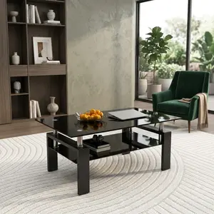 Modern Black Double Layer Tempered Glass Coffee Table,Heat Transfer Printed Metal Frame Rectangle Center Table With Large Storage Space,Heavy Duty Bearing Easy Assembly Leisure Accent Table For Living Room Home Household