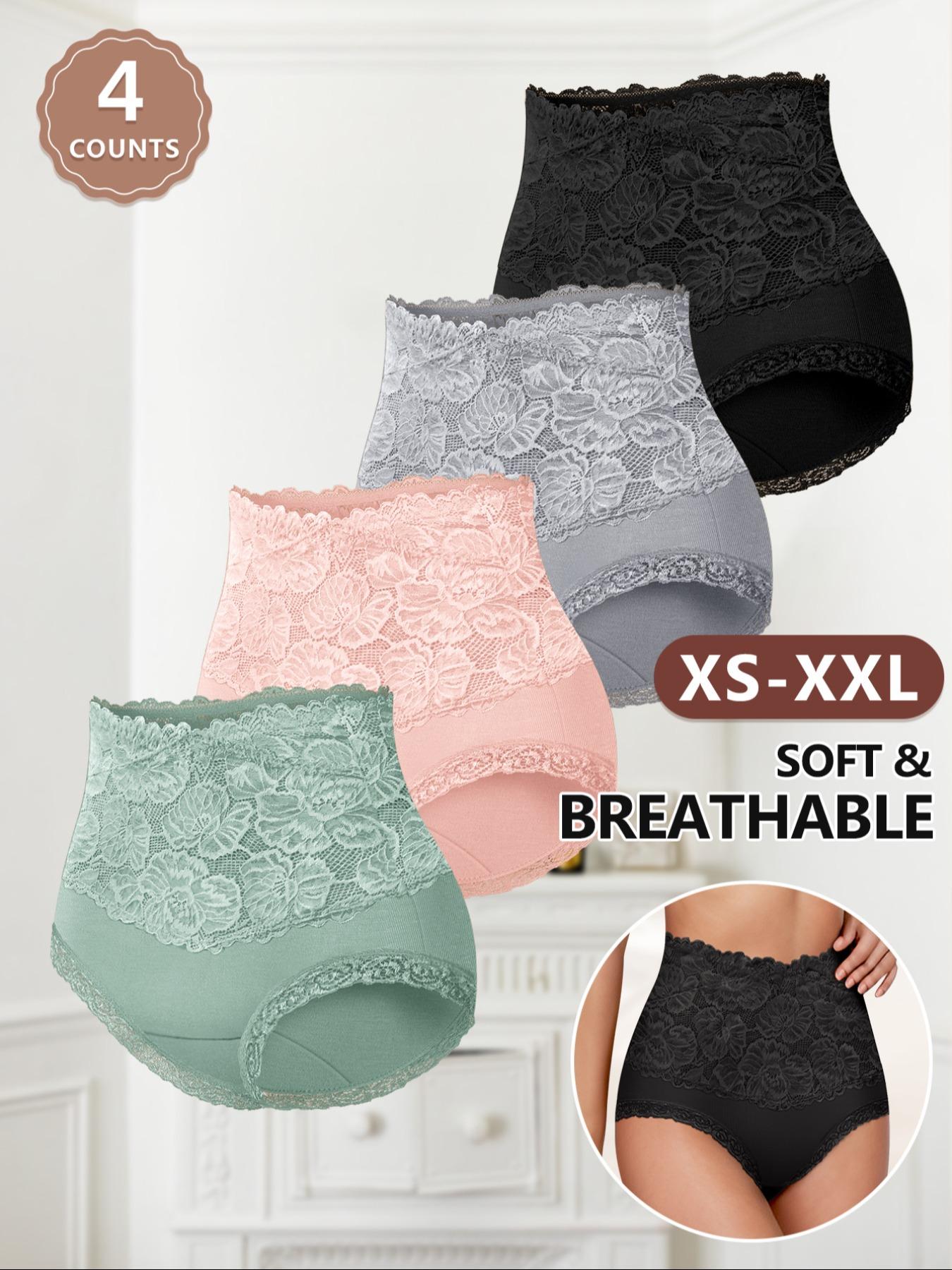 Women's High Waist Cotton Underwear, 4 Pack Comfortable Fitted Panties, Breathable Lace Trim, All Season Casual Style, Casual Elegant Panty