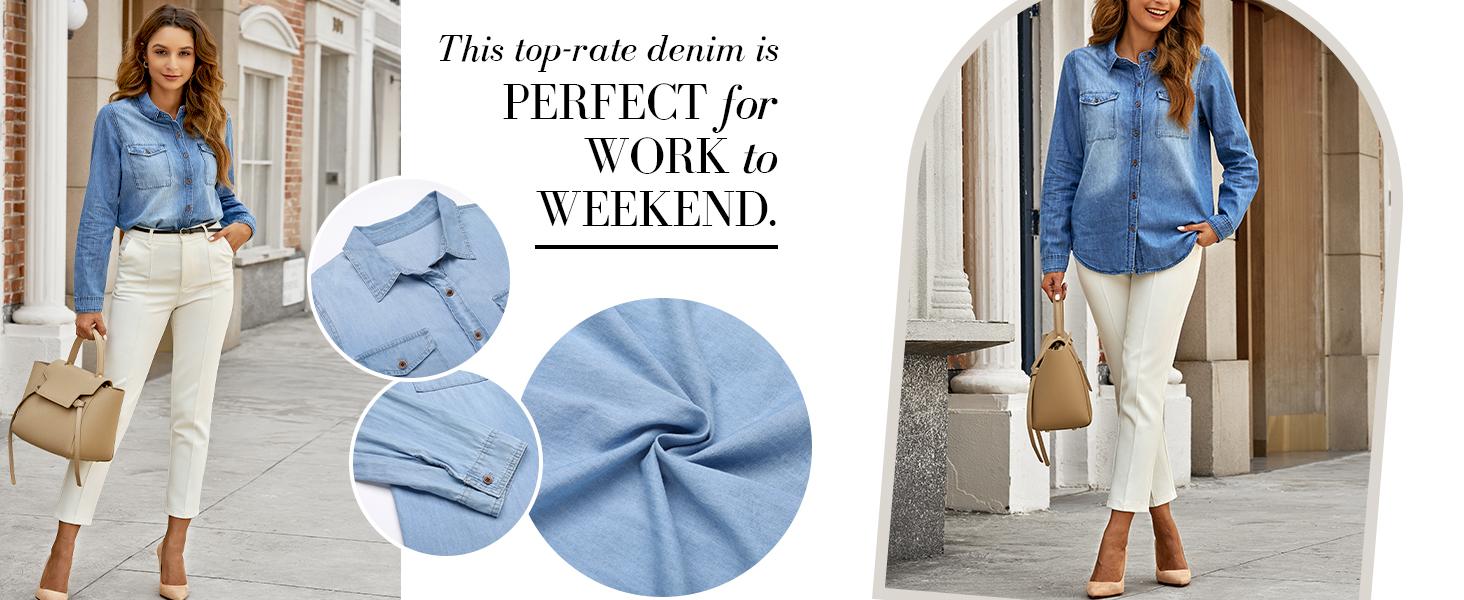 luvamia Denim Shirt Women Chambray Jean Western Shirts Long Sleeve Button Down Tops Cotton Collared Casual Womenswear Blouse