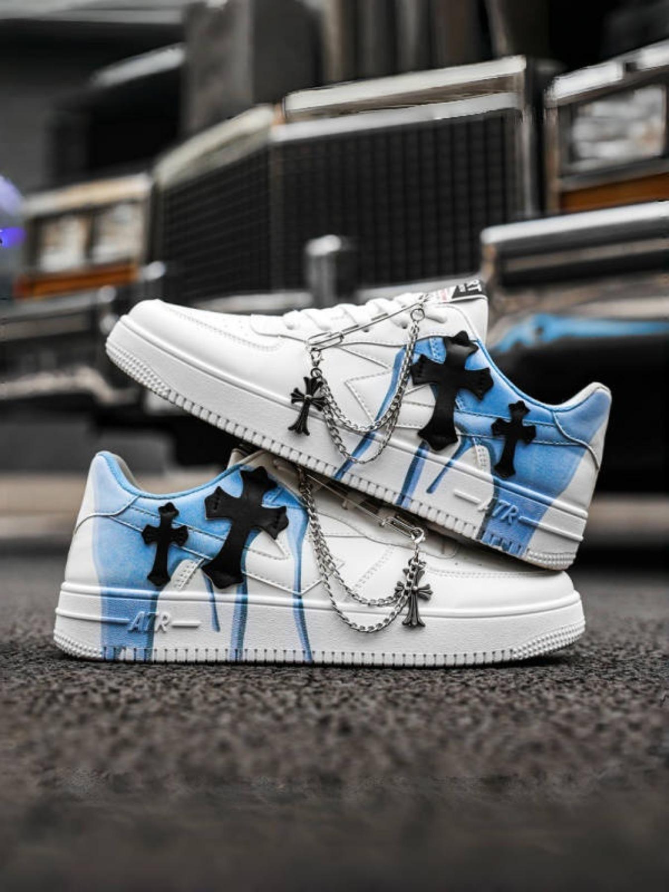 Men's Cross Decoration Low Top Trendy Sneakers Sports Shoes - Durable Upper+Rubber Outsole+Size 39-44 Men's Range Suitable for Daily Wear+Streetwear, Chain Detail Unique Design & Fashionable Eye-Catching