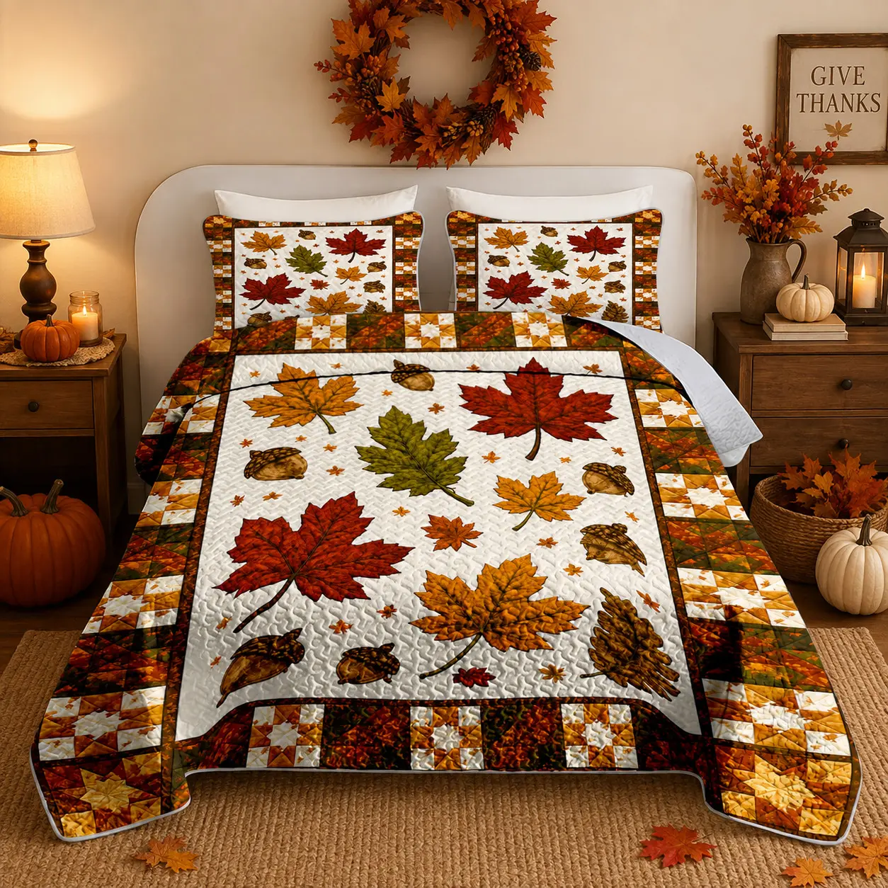 [Back to School] 3-Piece Autumn Maple Leaf & Acorn Quilt Set, Farmhouse Patchwork Bedspread with 2 Shams, Soft Lightweight Wrinkle-Resistant Breathable Fade-Resistant All-Season Bedding for Queen/King Beds, Thanksgiving Decor, No Pillow Inserts