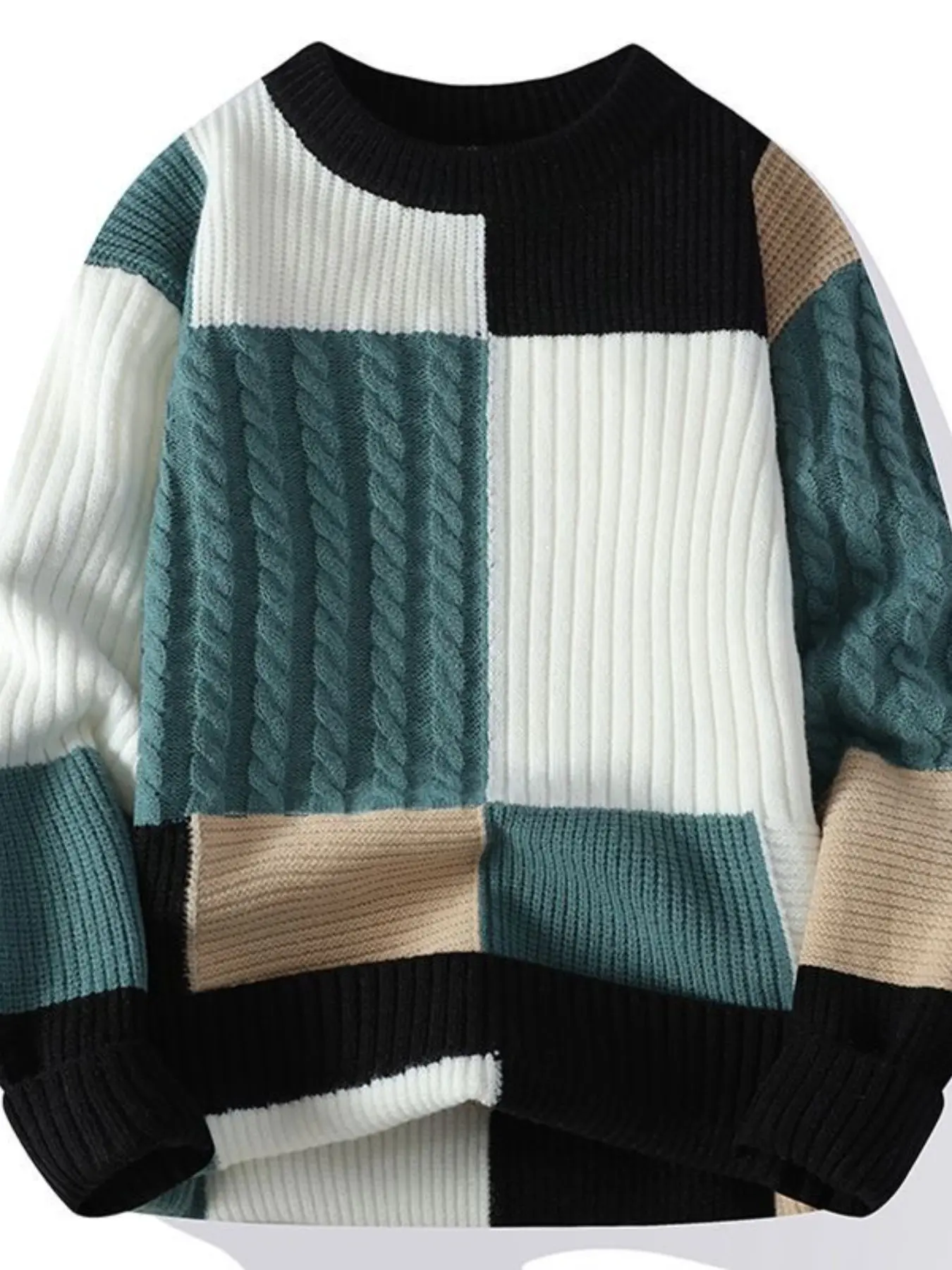 Men's Crew Neck Color Block Cable Knit Sweater, Patchwork Plaid Textured Long‑Sleeve Pullover Jumper, Soft Thick Knit Top For Autumn Winter Casual Streetwear Daily Outfits, Knitwear Knit Sweater