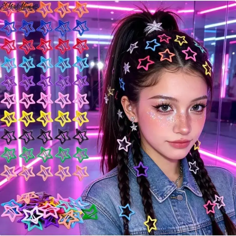 100Pcs Colorful Star Metal Snap Barrettes - Y2K Pentagram Side Pins, Random Candy Color Hair Accessories for Girls/Women, Dopamine Aesthetic Party Wear
