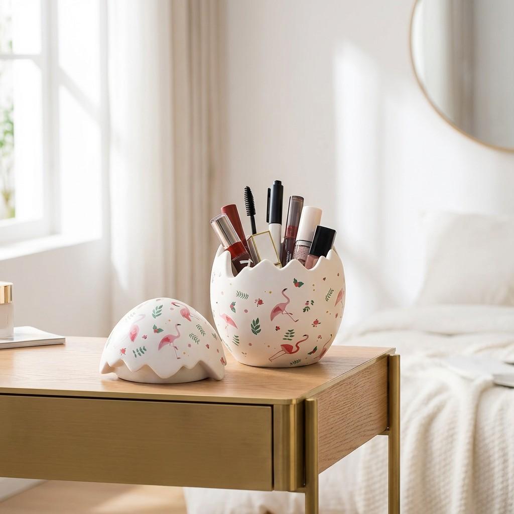 Hand-Painted Ceramic Easter Egg Cookie Jar, Decorative Flamingo Bird Pattern Candy Container, Spring Holiday Kitchen Storage, Home Decoration Gift