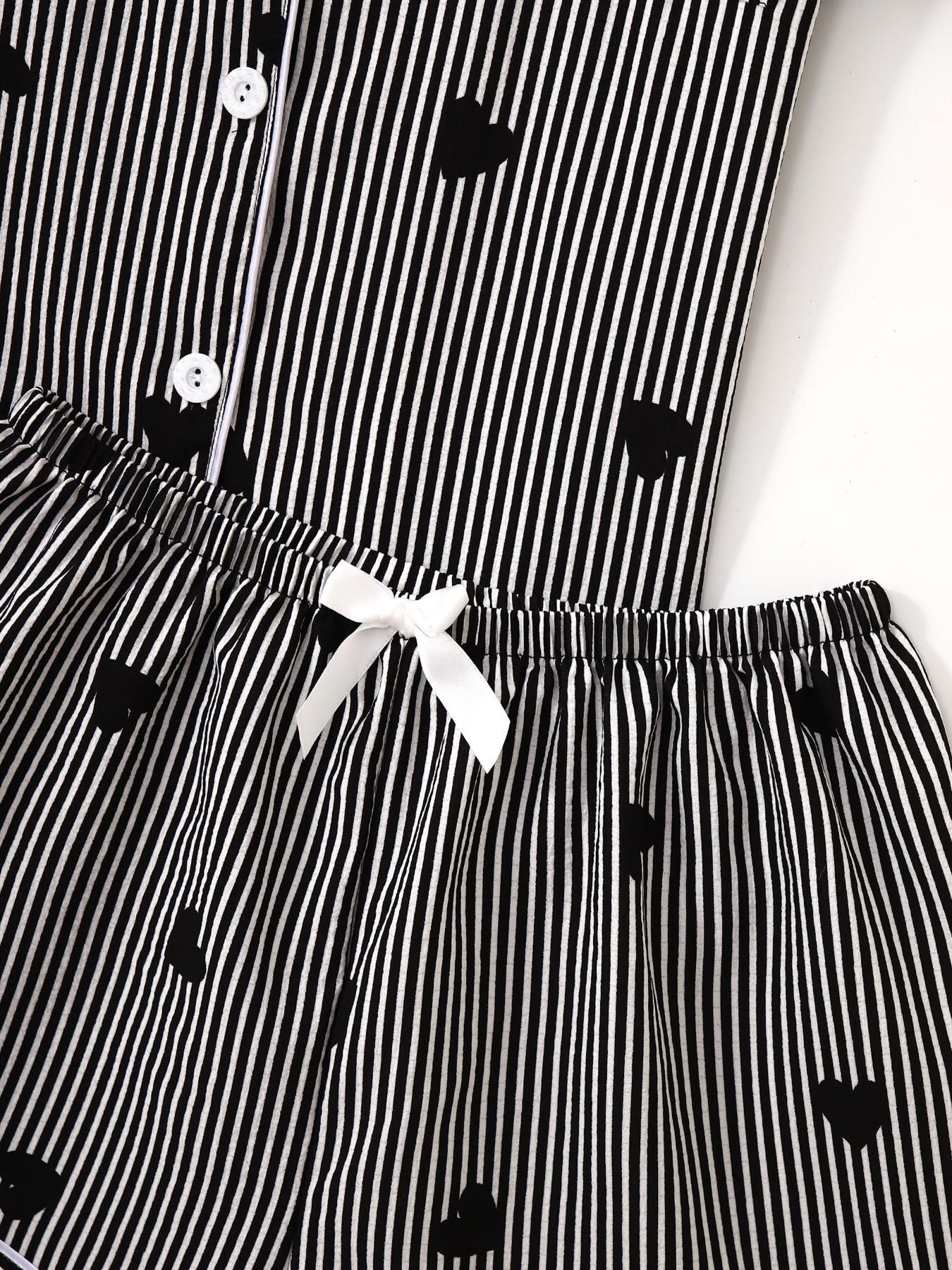 Women's Short Sleeve Button Down Top and Shorts Pajama Set, Spring Summer Wear, For Minimalist Black & White Lovers, Black White Stripe With Black Heart Accent, Classic Lapel Collar, Slim Fit, Comfortable For Home & Short Commutes