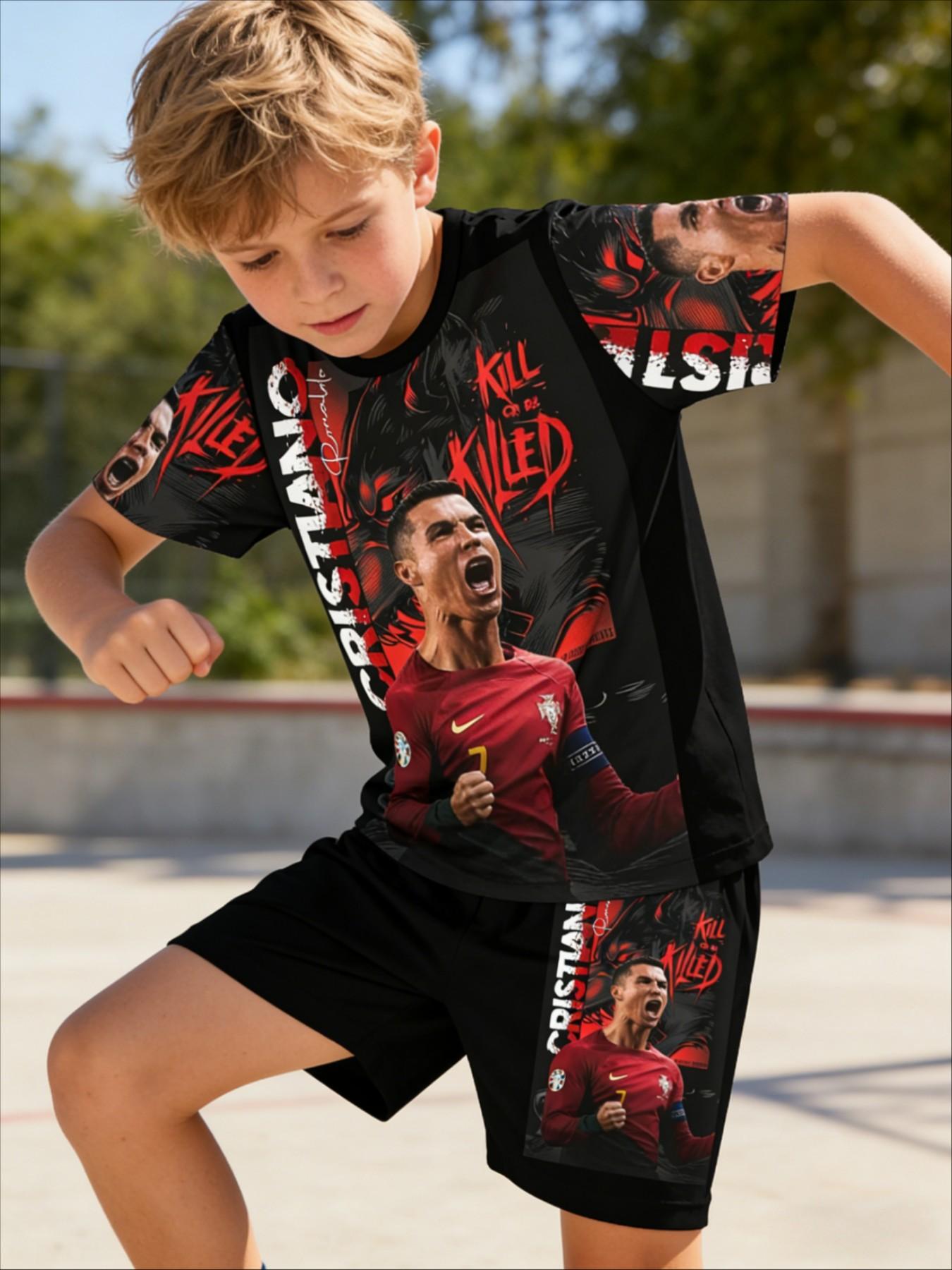 Boys' Colorblock Set, Cristiano Ronaldo 7 Celebration, Casual Summer, Full Print Design, Party & Sports Wear