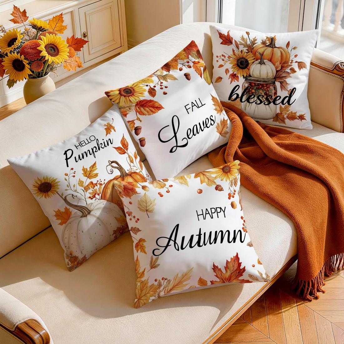 4pcs Autumn Sunflower Maple Leaf Pattern Cushion Covers, Single-Sided Print, Home Decor for Living Room Bedroom, All Seasons