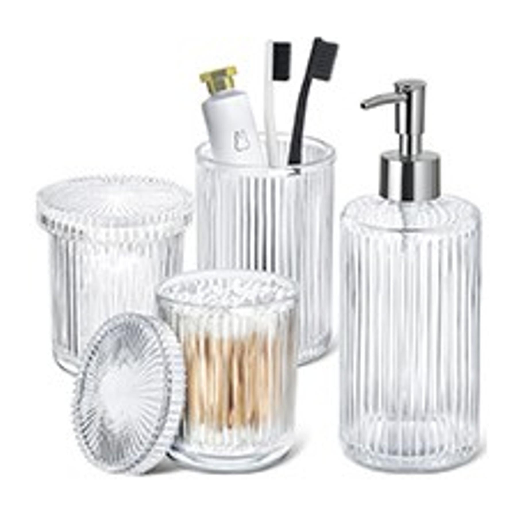4-Piece Ribbed Glass Bathroom Accessory Set - Silver Modern Counter Decor with Soap Dispenser, Toothbrush Holder, and 2 Qtip Holders, Four Pieces 4-Piece Ribbed Glass Bathroom Accessory Set - Silver Modern Counter Decor with Soap Dispenser, Toothbrush Holder, and 2 Qtip Holders, Four Pieces