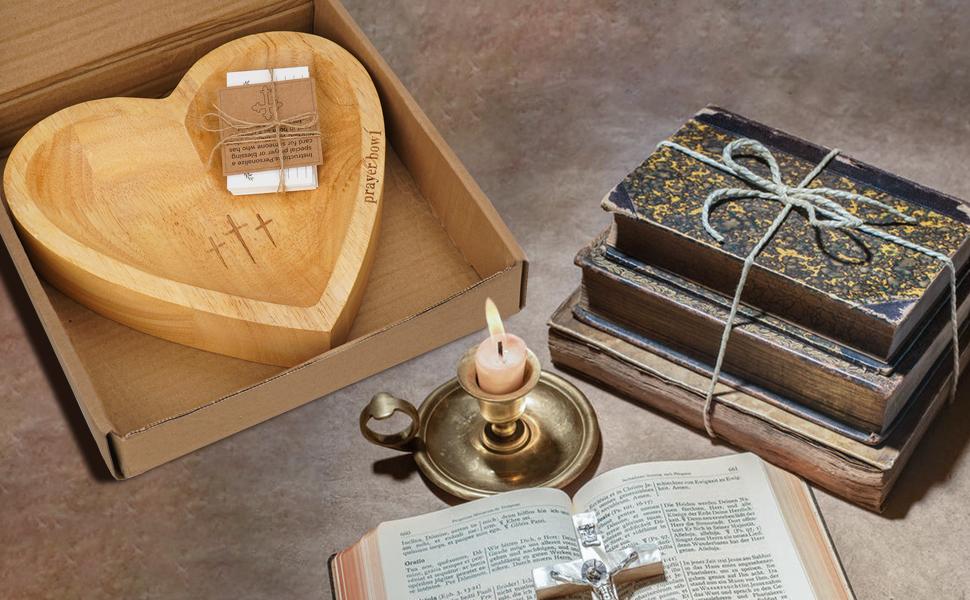 Heart Shaped Prayer Bowl with Cross - Handmade Wooden Dough Bowl for Christian Prayer, Communion & Worship, Unique Church Gift for Congregation, Baptism, Bible Study Decor Religious