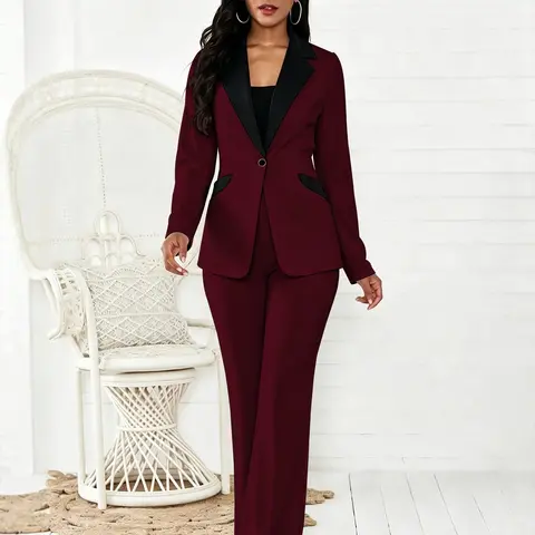 【Black Friday】Women's Colorblock Blazer & Straight Leg Pants Set, Elegant Two-piece Set for Work Office Wear, Business Attire Essential, Ladies' Suits for All Seasons
