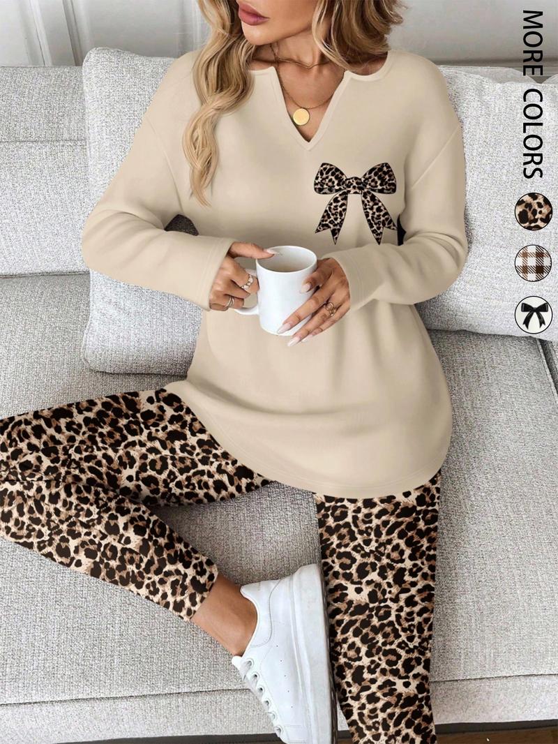 2pcs/Set Women Long Sleeve T-Shirt And Leggings,Spring/Autumn Work From Home Outfit Comfortable Outfits For Women 2 Piece Lounge Sets Woman Lounge Wear Breakfast Outfits For Women，Leopard /Plaid Print Set