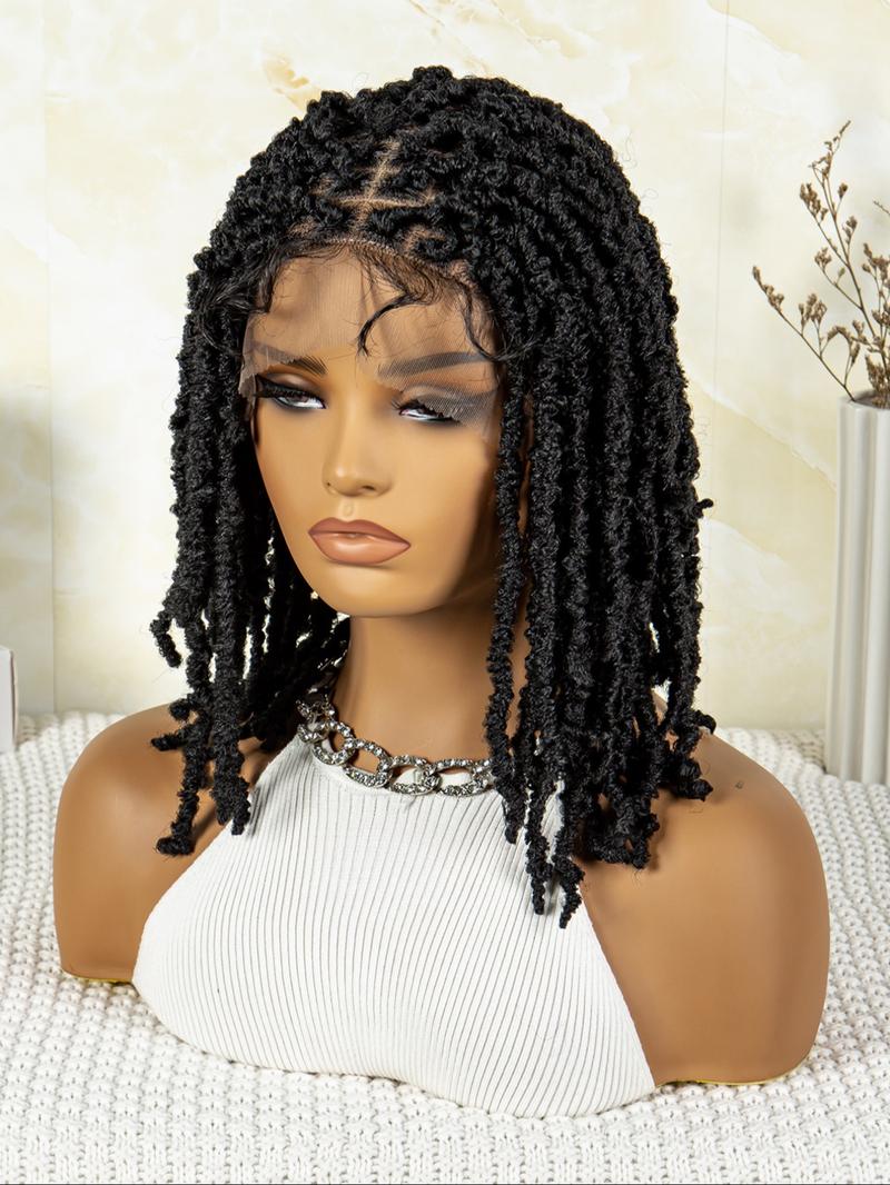 14 Inch Short Afro Dreadlock Braided Wigs for Women, Afro Curly Braided, Gorgeous Fluffy Kinky Wigs with Baby Hair Bangs, Synthetic Locs Crochet Hair for Party, Daily Use