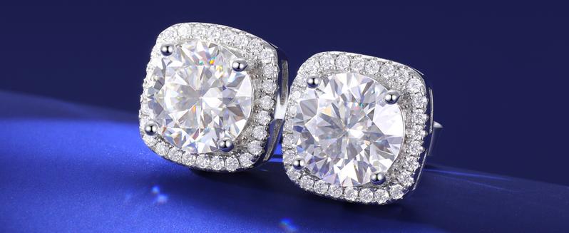 HELLOICE [Unisex] Moissanite Halo Square Stud Earrings 925 Sterling Silver Earrings 0.2Ct/0.6Ct/1.0Ct/1.6Ct/2Ct/4Ct Synthetic Moissanite Earrings Moissanite Jewerly Gift for Her Him