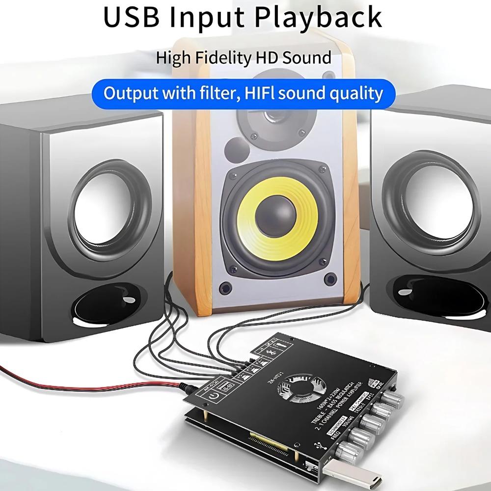 Upgrade Your Home Theater with ZK-HT21 Bluetooth Amp: 160Wx2, 220W Subwoofer Output, BT 5.0, AUX/USB, Bass/Treble Knob, DC 15-36V Powered.