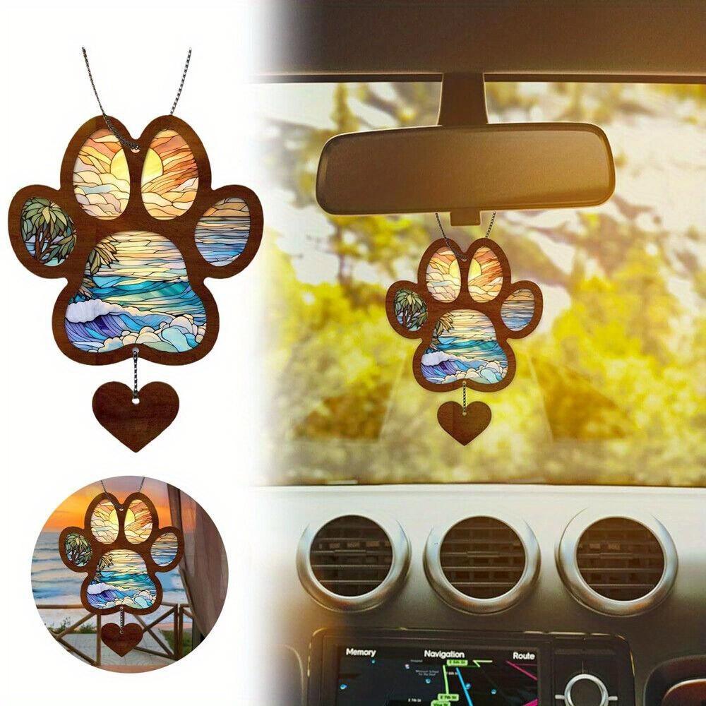 Heart-Shaped Sun Catcher Hanging Ornament, Acrylic Painted Glass Art, Paw Print Pattern, Vibrant Sunset Colors, Memorial Gift for Pets