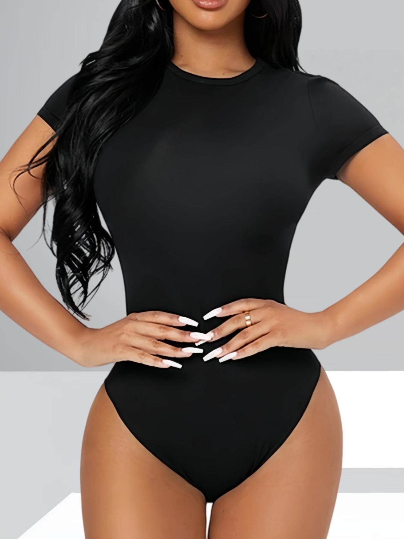 Women's Plain Round Neck Short Sleeve Jumpsuit, Slim-Fitting High Stretch Comfortable Bodysuit, Versatile Office Date Wear