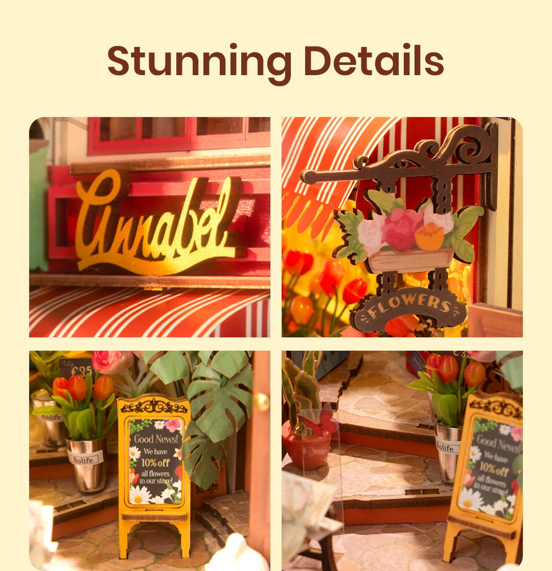 Rolife Floral Corner DIY Book Nook Shelf Insert Kit TGB09 Book Nook Kit DIY Miniature House Kit with Dustproof Sheet Booknook Bookshelf Insert Decor 3D Wooden Bookend with LED Model Craft Hobby Gift for Teens and Adults (Floral Corner)