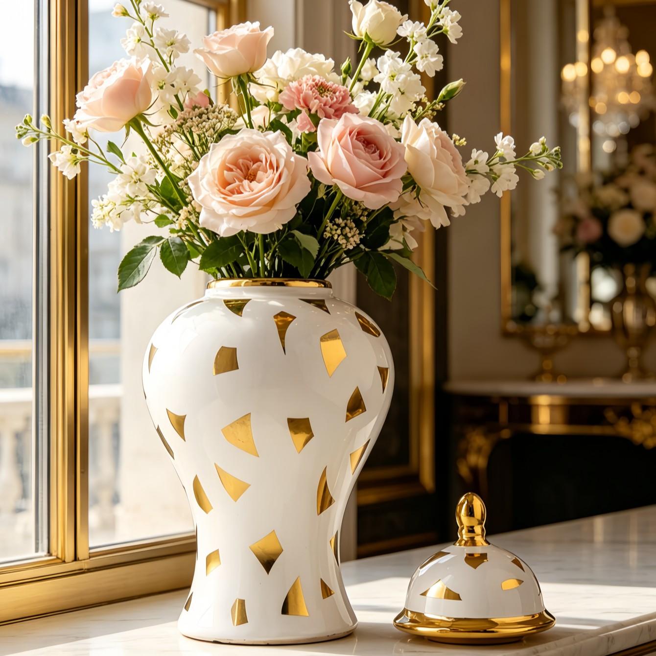 Contemporary Filigree Ceramic Vase, Large Textured Decor Jar, Luxury Modern Home Decor Ornament for Office & Entryway