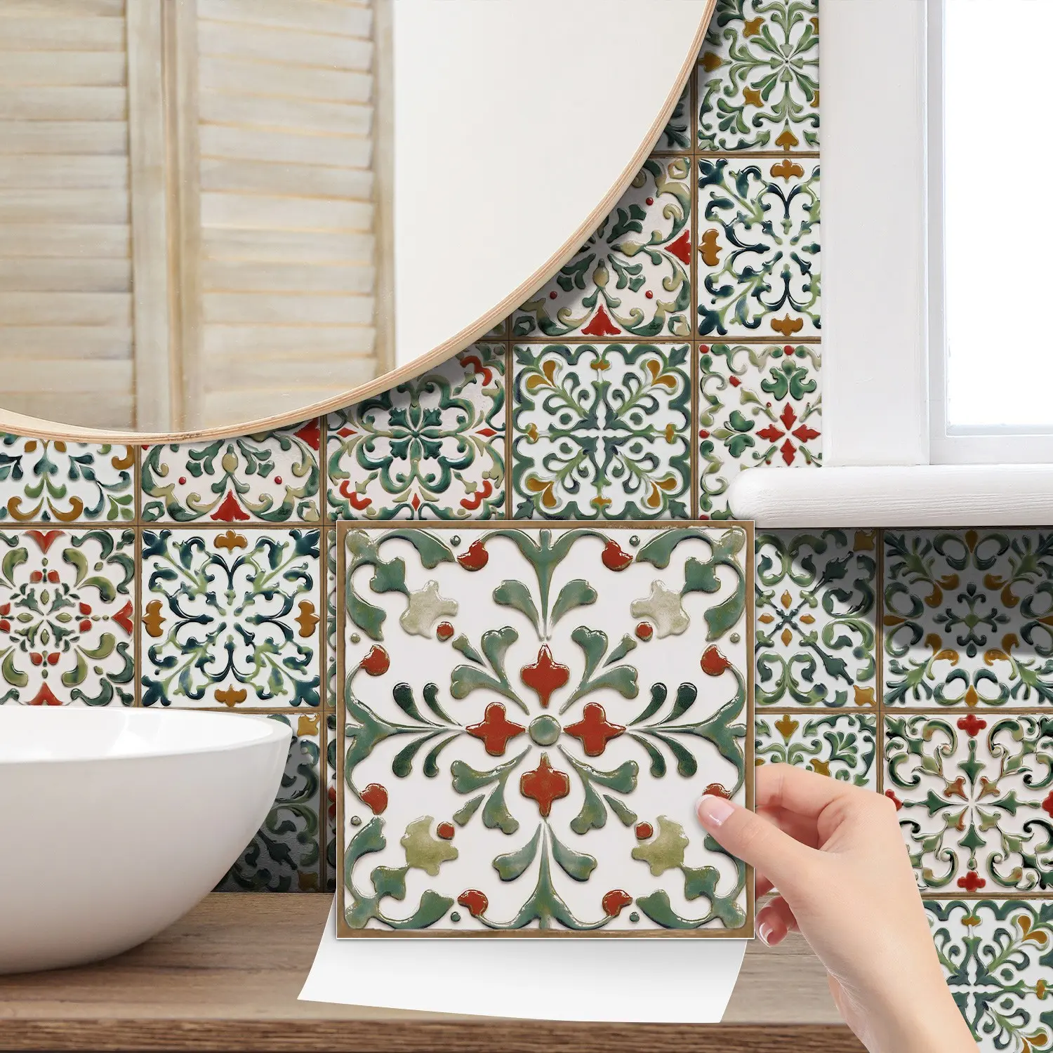 24PCS NHZ Vintage Moroccan Spanish Floral Tile Stickers, PVC Material with Mirror Gloss, Peel & Stick Removable No Residue, Easy to Clean Waterproof Wall Decals for Kitchen Bathroom Bedroom Office Indoor Decor