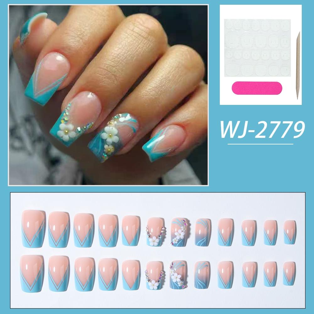 24pcs Medium Square Blue French 3D Gel Nails, Rhinestone Decor, Sweet European Style, Easy Wear Acrylic False Nails Set for Women Girls