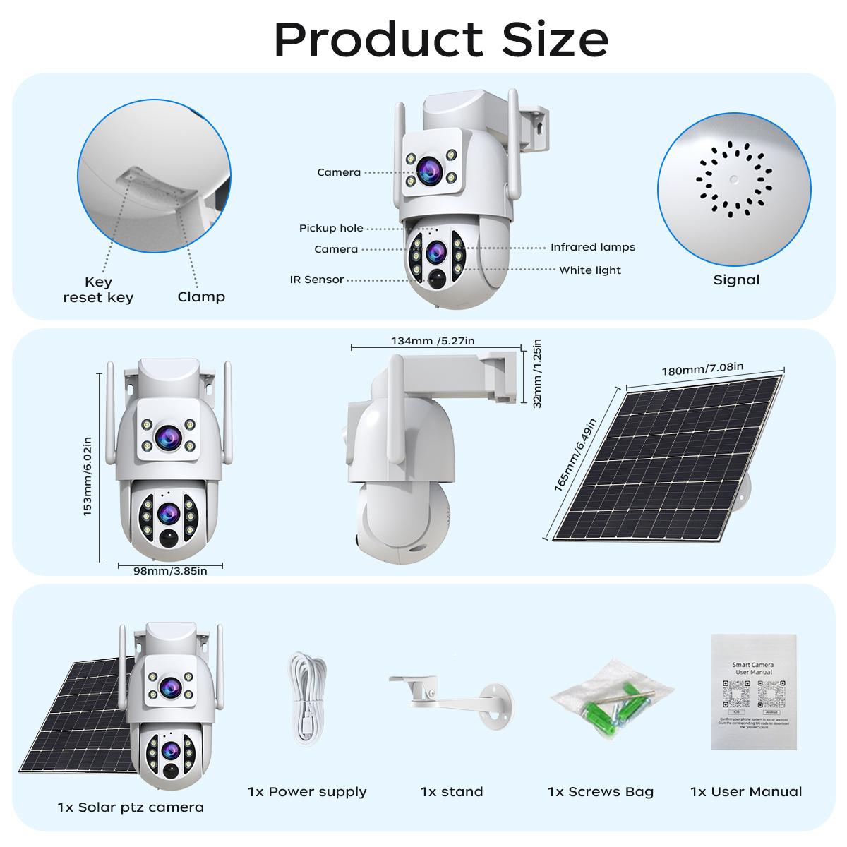 【JOOAN 2K 3MP WiFi Wireless Solar Dual Lens Outdoor 360° PTZ Dual Screen Security Camera】Outdoor/Indoor IP66 Waterproof, Color Night Vision, PIR Human Detection, Two-Way Talk, Auto Tracking, Siren Alarm, SD/Cloud Storage (Optional), Alexa Compatible