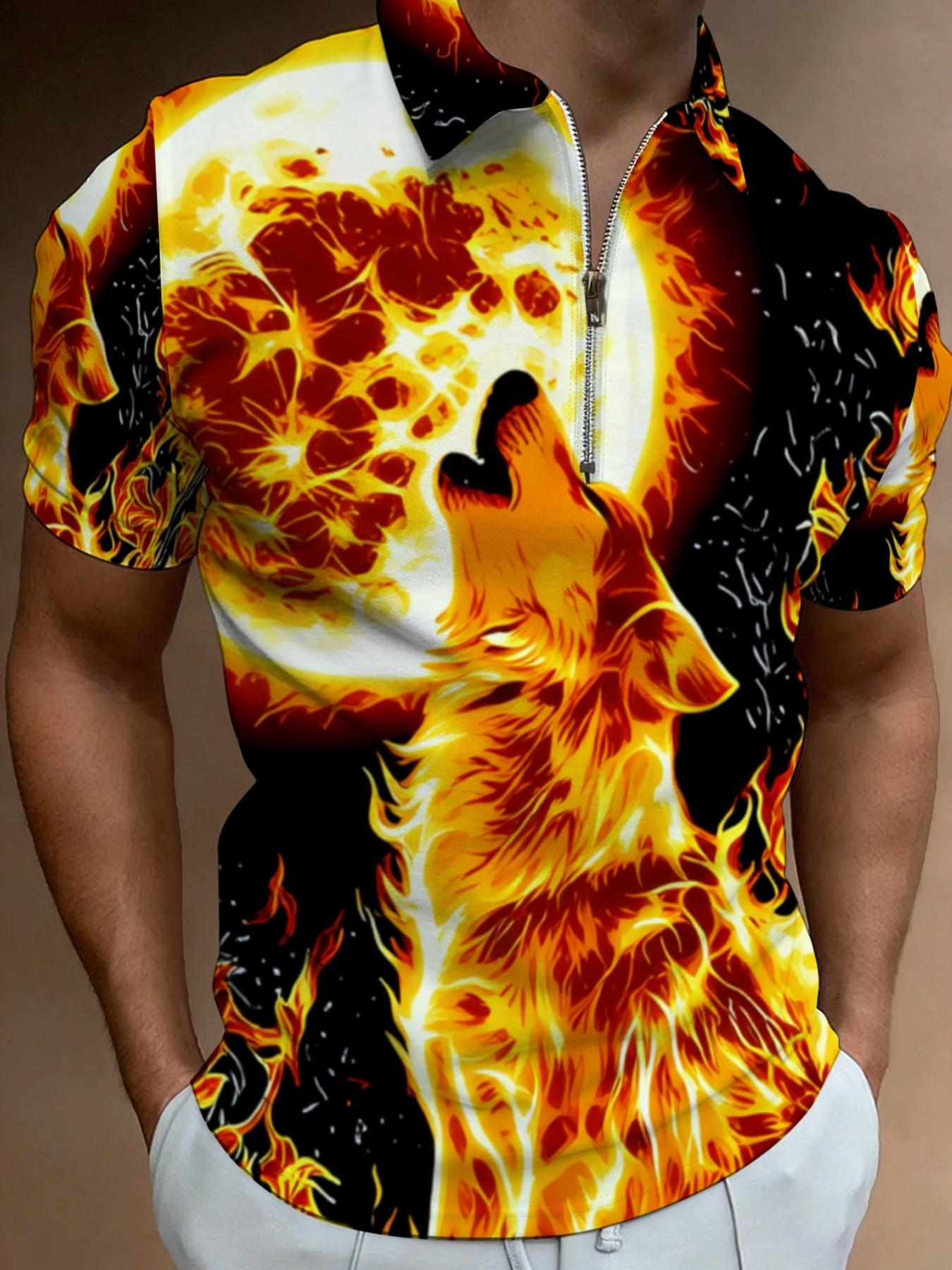 Men's Short Sleeve Hawaiian Polo Shirt with Flame Wolf Pattern, Summer Beach Casual Printed Top