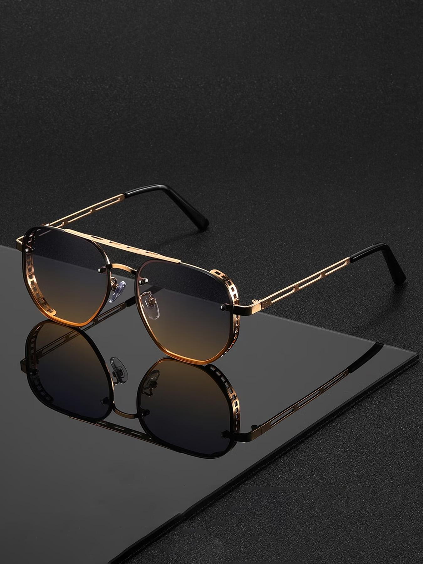 Alloy Double Bridge Decorative Glasses, Square Frame Design, Dark PC Lenses, Metal Finish, Bold Style for Parties, Fashionable Wear