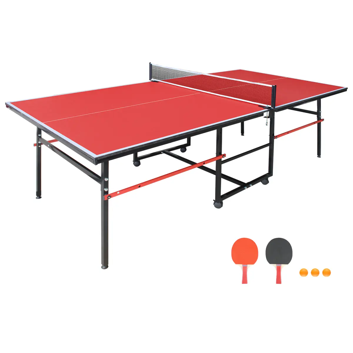 Aobtkel8ft Red Mid-Size Table Tennis Table Foldable & Portable Ping Pong Table Set for Indoor Games with Net, 2 Table Tennis Paddles and 3 Balls