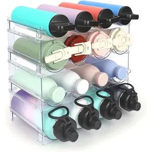 Stackable 4-Tier Water Bottle Organizer, Clear Large Compartment Holder with Stable One-Piece Side-Panel Design, Prevents Tipping & Rolling, Holds 16 Bottles for Cabinet Kitchen Storage