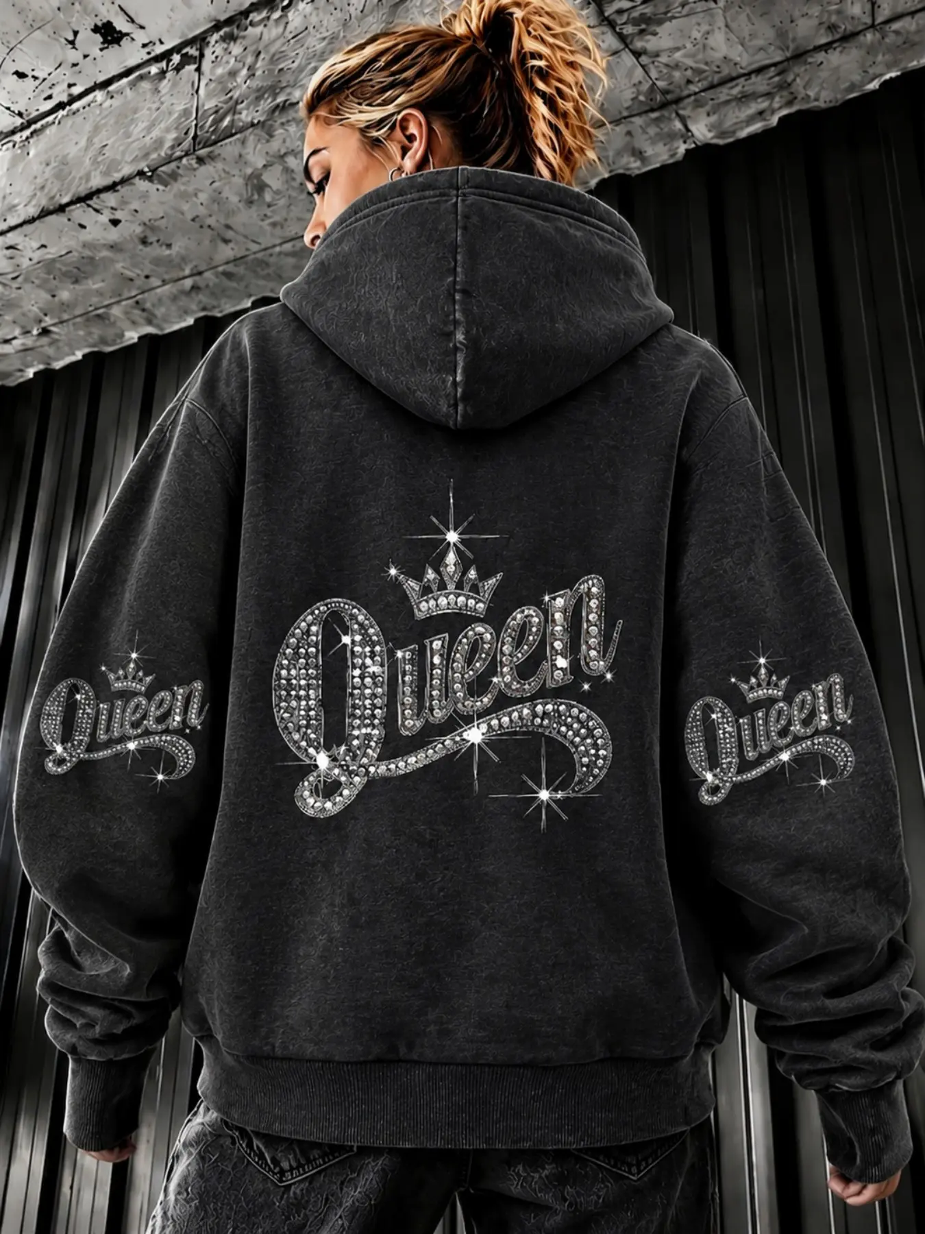 Women Vintage Washed Hoodie Queen Crown Rhinestone Graphic Print Oversized Streetwear Hooded Sweatshirt