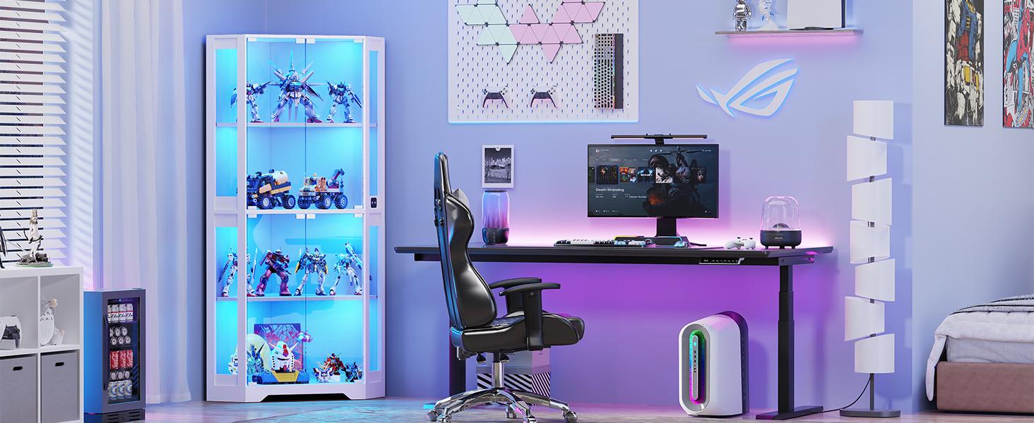 MIIFUNY Corner Display Cabinet with Glass Doors, 65" Lighted Curio Display Case with 3 Color Lights for Collectibles, 4-Tier Bookcase with Human Body Sensor for Living Room, White