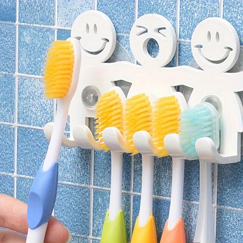 Smiley Face Wall-Mounted Toothbrush Holder with Suction Cups - 5 Position Toothbrush Storage Rack - Portable Bathroom Accessories