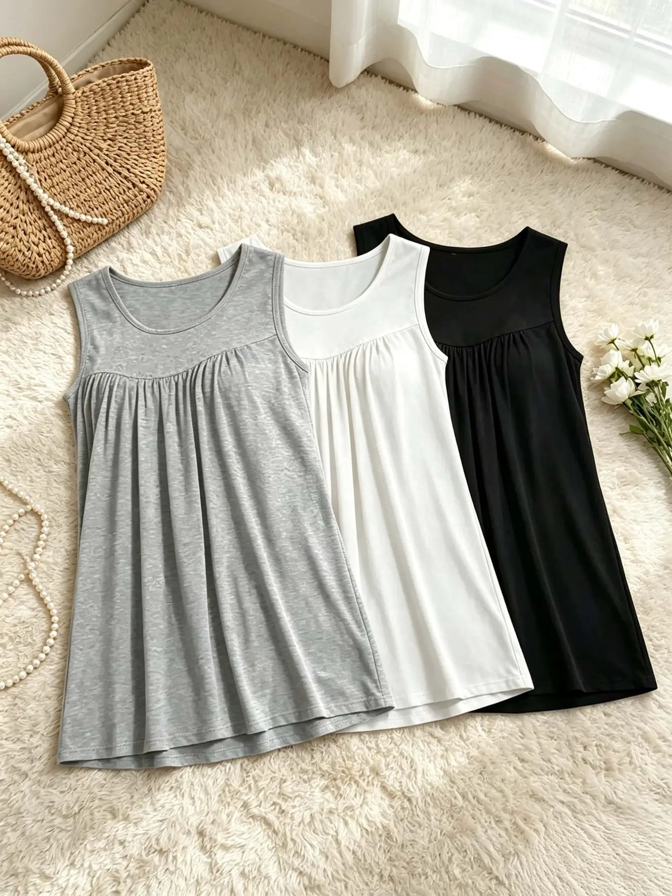 Plus Size Casual Fashion Sleeveless Everyday Round Neck Ruched Plain Tank Top, Loose Fit Conceals Belly, Asymmetrical Hem, Basic Top, Three-Piece Set