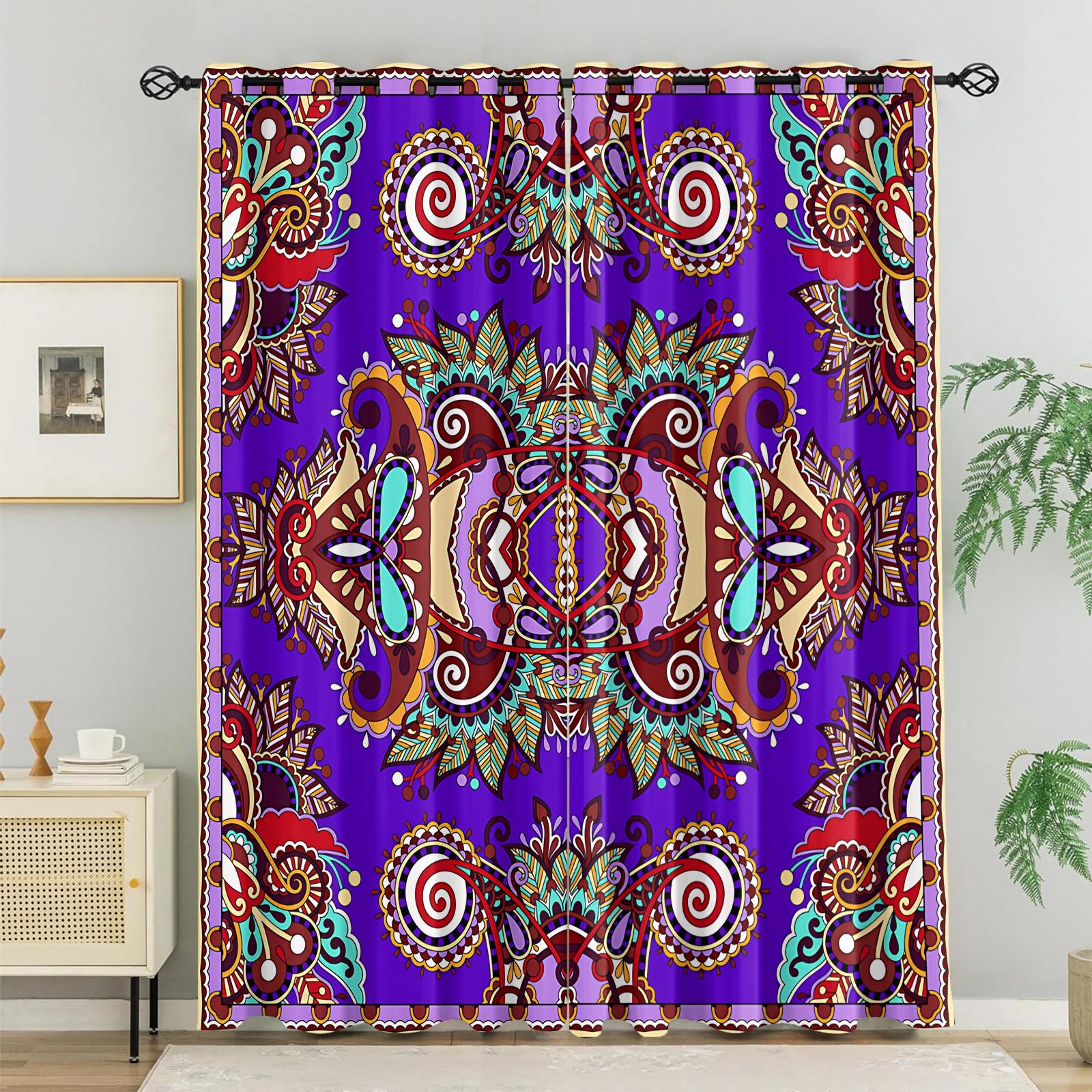 2 Panels Set Boho Paisley Digital Print Window Drapes, Vintage Ethnic Style Darkening Grommet Curtains, Thermal Insulated Privacy Blackout Drapes, Decorative Window Treatment for Living Room, Bedroom, Dorm, Home Office