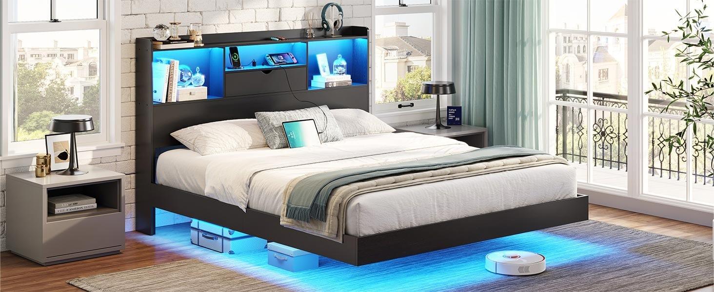 Sikaic Floating Bed Frame with LED Lights and Headboard Storage Black Modern Metal Platform Visual Floating Bed with Charing Station and Stable Structure