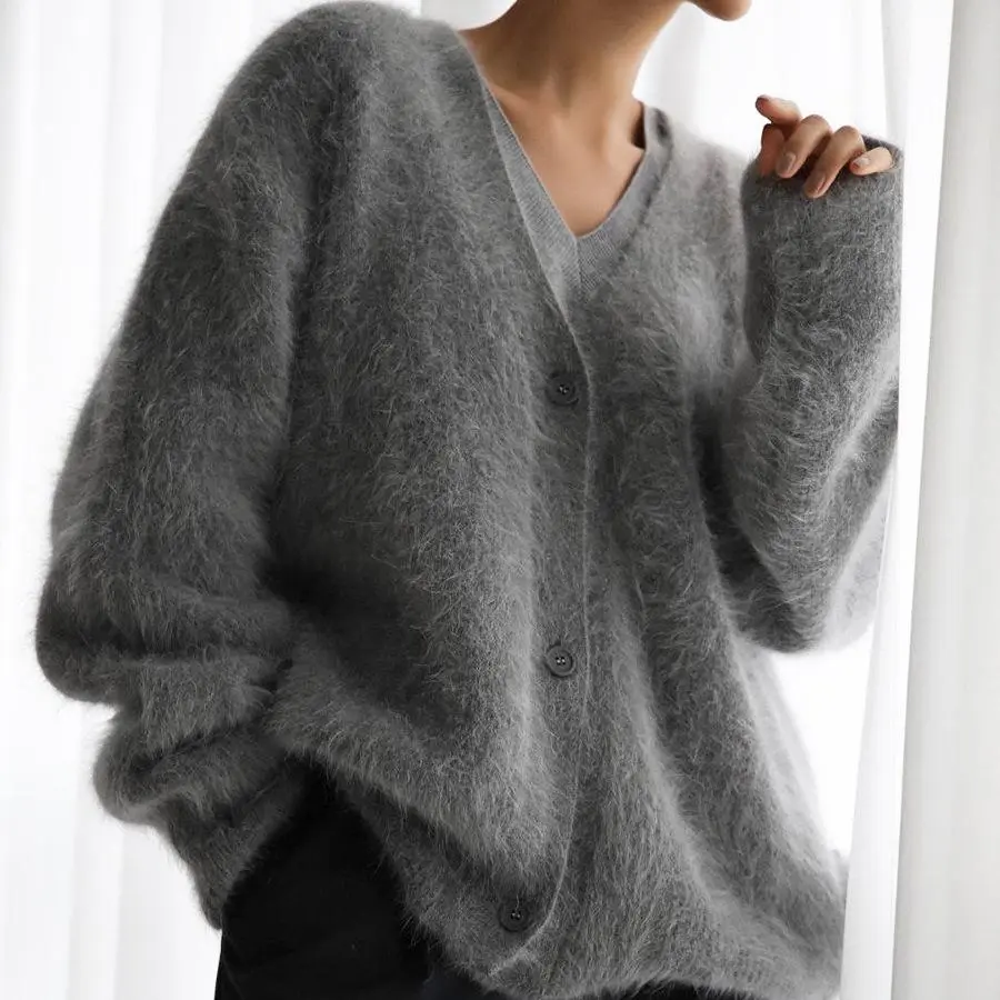 Lady's Basic Casual Knitted Faux Fur Button Cardigan - Women's Longsleeves V-Neck Loose Plush Coat, Faux Mink Autumn Winter Comfortable Lazy Top
