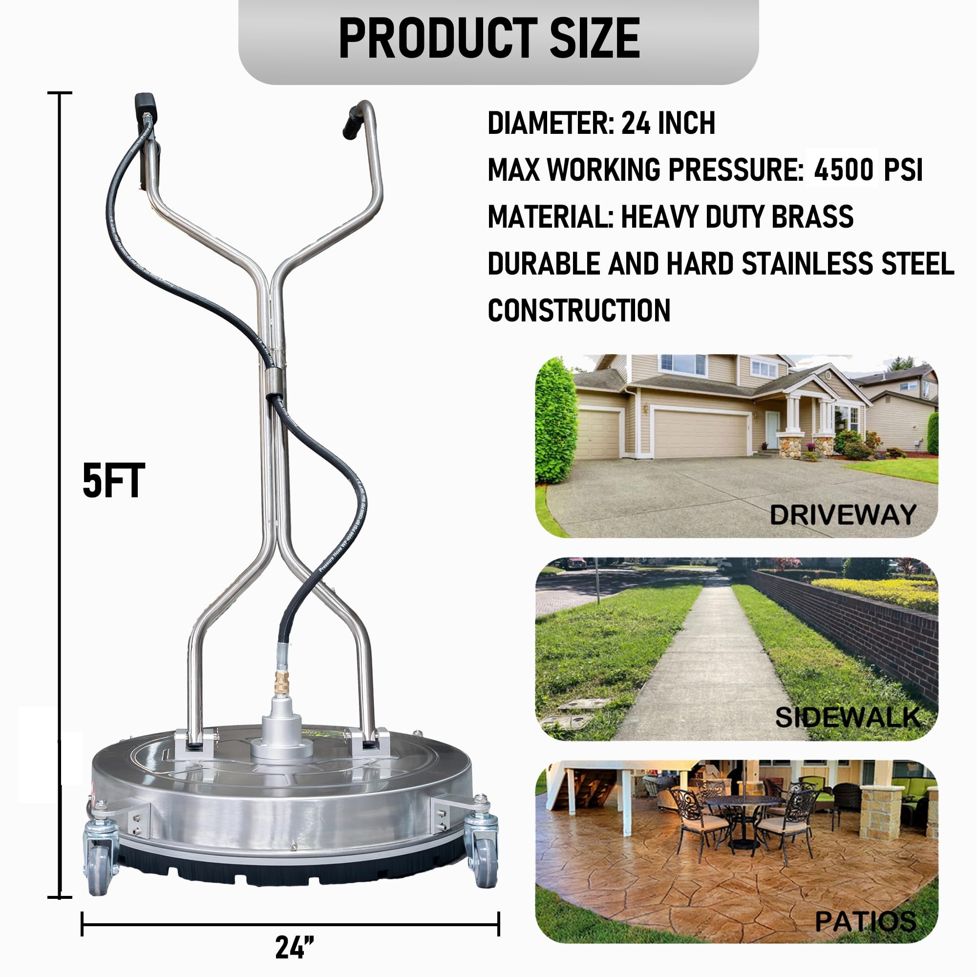 Pressure Washer Surface Cleaner, Stainless Steel Surface Cleaner with 4 Wheels for Driveways, Pathway, Sidewalks, Patios, Decks, with 3/8" Quick Connector Kit Hose Industrial