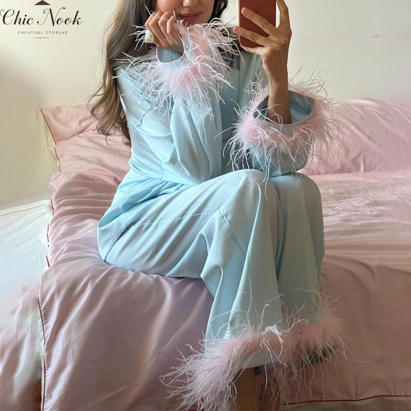 Feather Pajamas for Women Long Sleeves Button Down Shirt Lounge Pants Set Satin Silky Bridal Pjs