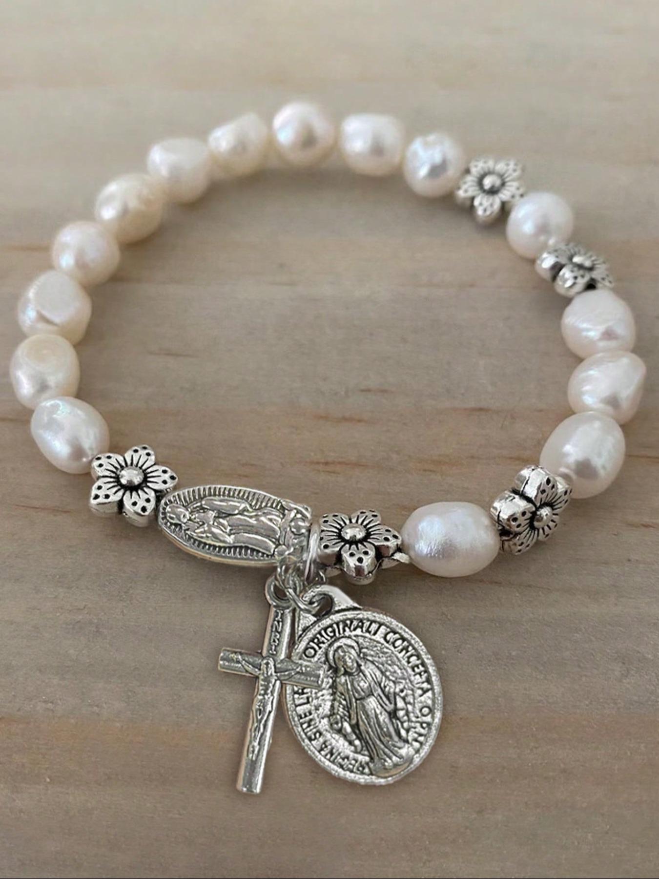 Vintage Cross Saint Mary Pendant Faux Pearl Floral Elastic Beaded Bracelet, Unisex Casual Party Creative Jewelry for Men and Women Faith Wear Jewelry