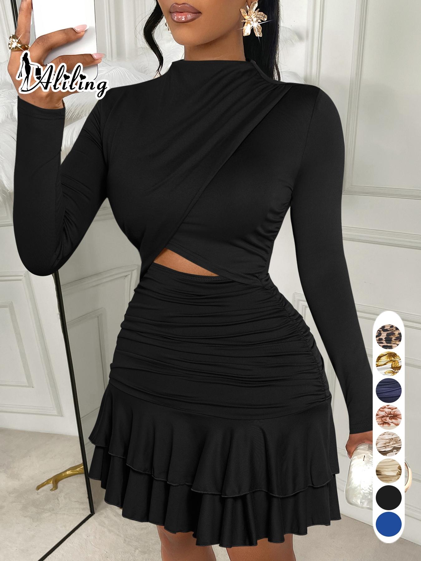 Aliling Women's Elegant Floral Print Dress with Stand Collar, Long-Sleeve Hollow-Out Design and Ruffled Hem, Fall Fashion Mini Dress for Parties