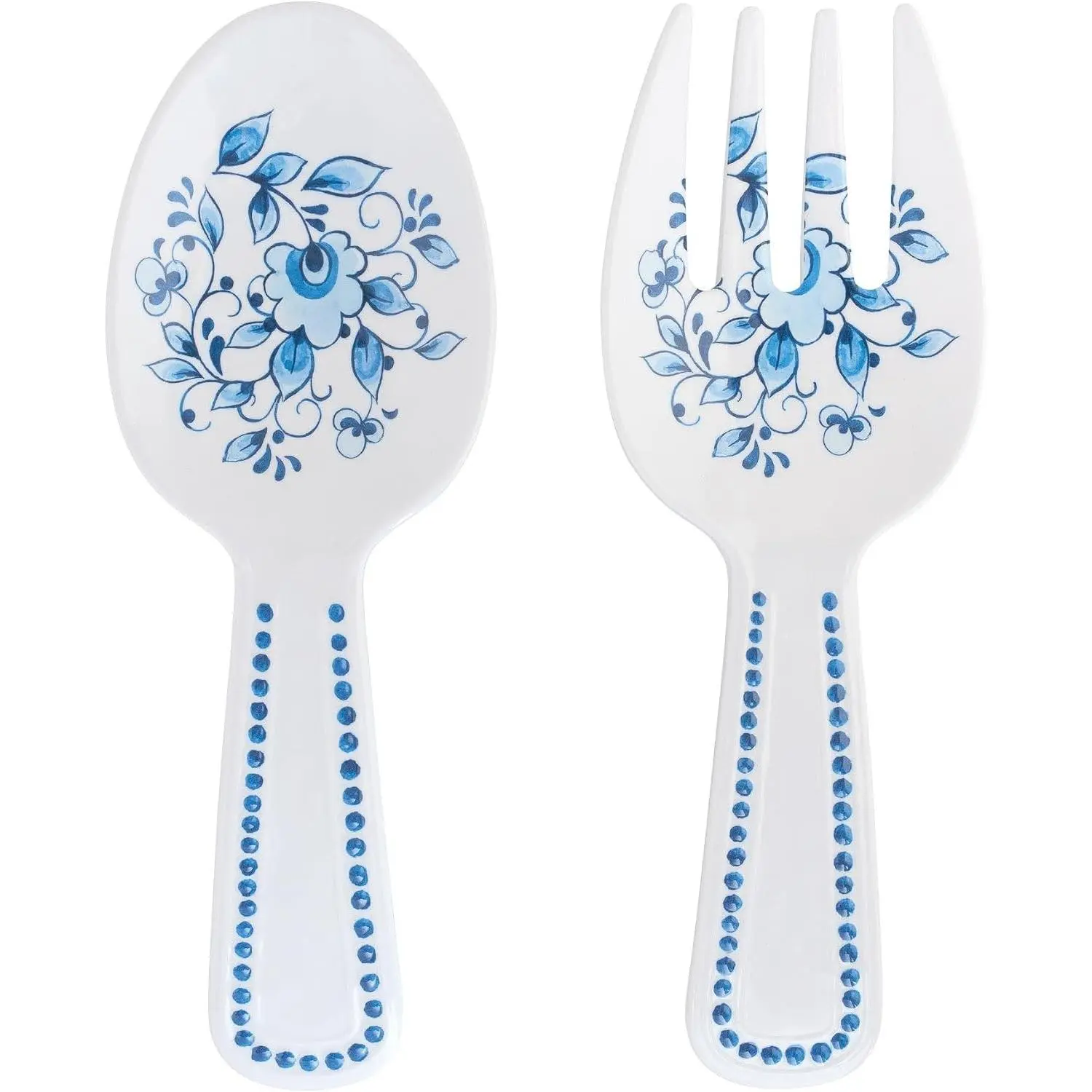Blue and White Floral Melamine Salad Servers, Serving Utensil Set, Includes Serving Fork and Spoon for Tossing Salad, Pasta, Blue, White, 10.75 Inch, Set of 2