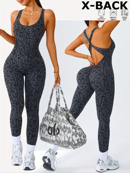Women's Leopard Print Cross Strap Sleeveless Yoga Jumpsuit, High Elasticity Knit Sportswear Workout Jumpsuits for Autumn Winter, Casual Tight Fit Above Ankle