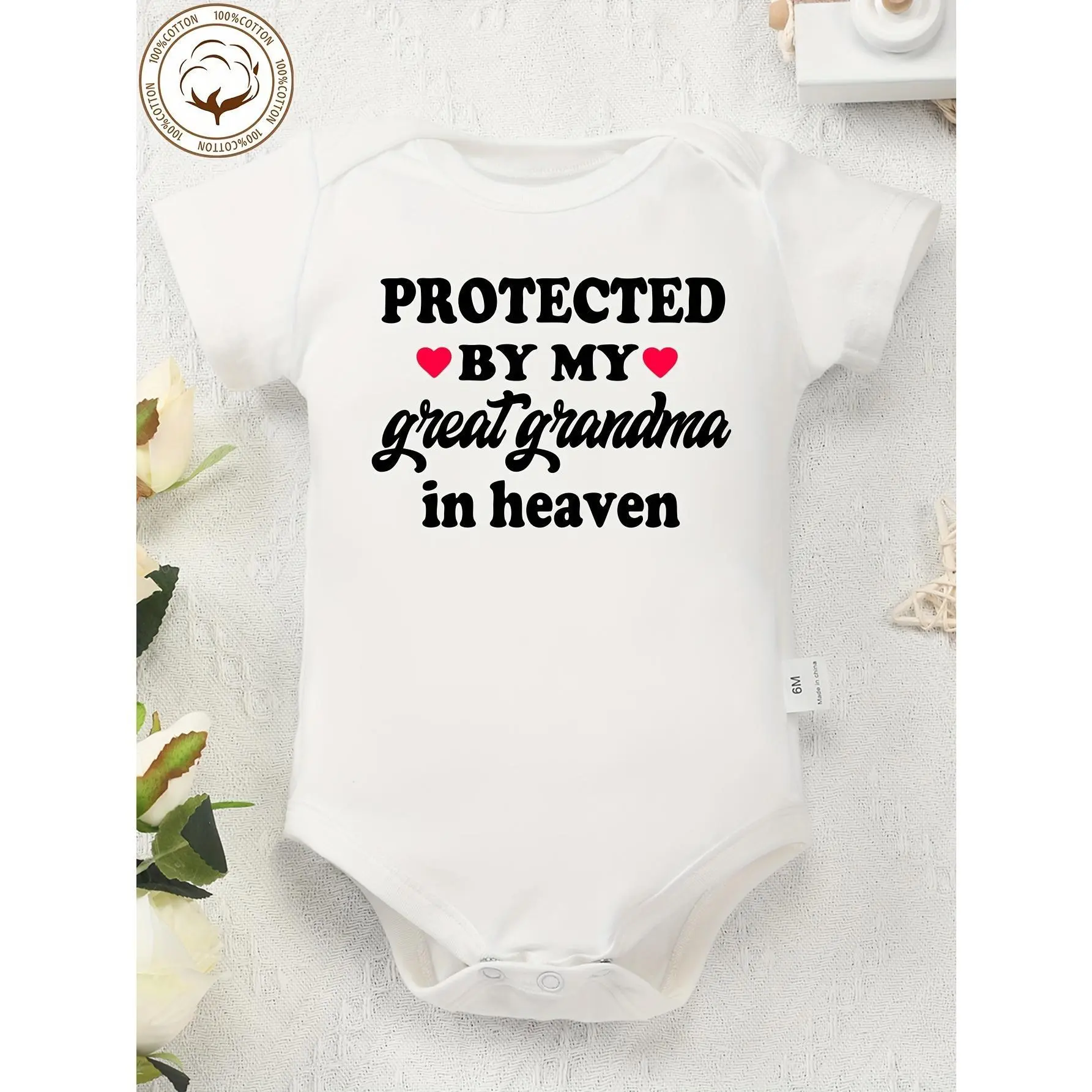 Boys' Slim-Fit Soft Cotton Bodysuit - Newborn 0-3 Months, 0-3m Casual Round Neck Top, 'Protected by My Great Grandma in Heaven' Letter Print Grandma Love Clothing
