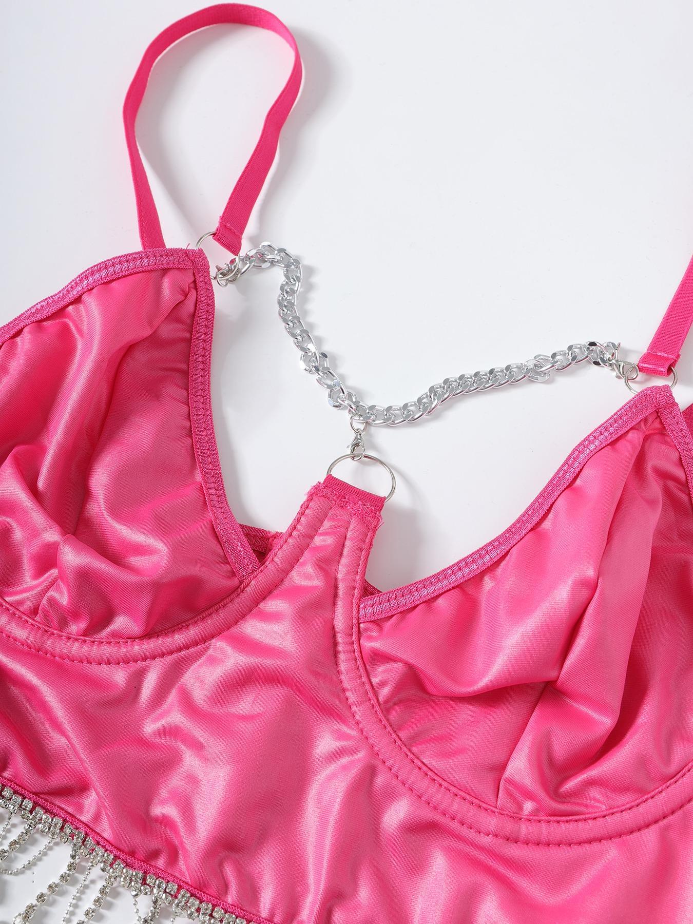 Women's Solid Rhinestone Tassel Charm Chain Decor Crop Camisole Top, Fashion Aesthetic Casual Spaghetti Strap Top for Daily Outdoor Wear, Women's Top For All Seasons