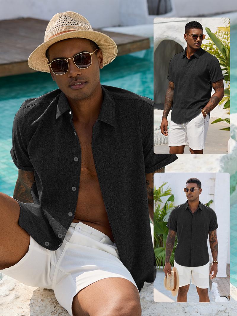 Alimen Mens Linen Shirts Short Sleeve Dress Shirts for Men Lightweight Breathable Linen Fabric Comfortable, Beach Vacation Summer Party Wedding Casual Button Down Shirts Spread Collar Linen Shirts for Men