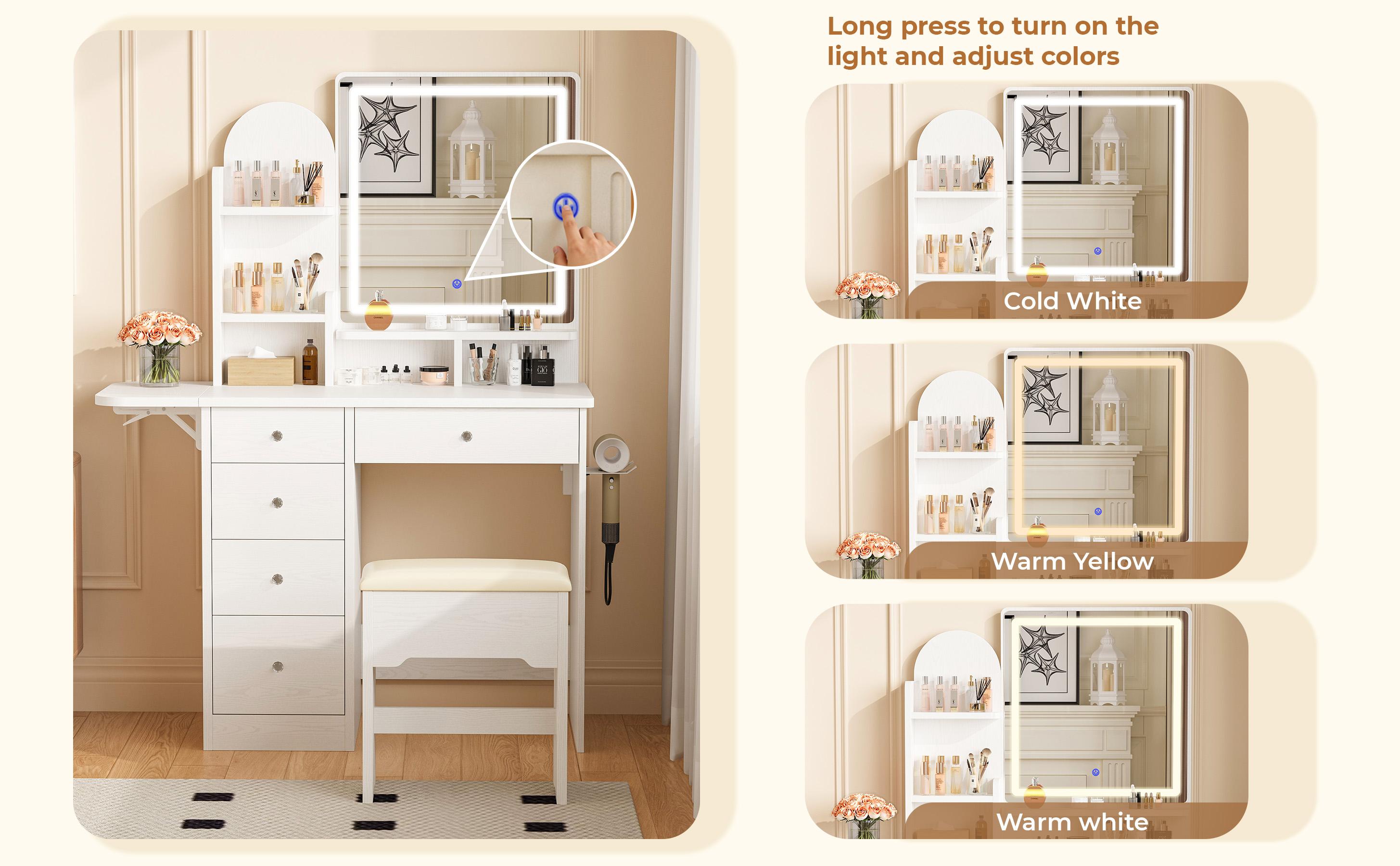 LIKIMIO Vanity Desk with Mirror & LED Light, Makeup Vanity Table with 5 Drawers, Power Outlet, and Vanity Stool, 3 Lighting Colors, Dressing Table for Bedroom