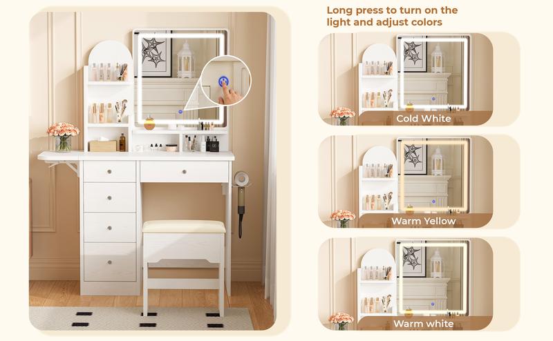 LIKIMIO Vanity Desk with Mirror & LED Light, Makeup Vanity Table with 5 Drawers, Power Outlet, and Vanity Stool, 3 Lighting Colors, Dressing Table for Bedroom LIKIMIO Vanity Desk with Mirror & LED Light, Makeup Vanity Table with 5 Drawers, Power Outlet, and Vanity Stool, 3 Lighting Colors, Dressing Table for Bedroom
