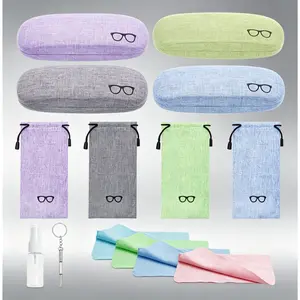 [HUOMAQFAN]LZYMSZ 4 Pcs Linen Hard Shell Glasses Case, Portable Eyeglasses Storage Box, Protective Sunglasses Carry Case with Drawstring Pouch and Cleaning Cloth